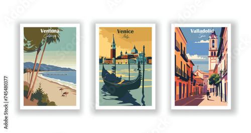 Valladolid, Spain. Venice, Italy. Ventura, California - Set of 3 Vintage Travel Posters. Vector illustration. High Quality Prints
