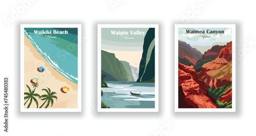 Waikiki Beach, Hawaii. Waimea Canyon, Hawaii. Waipio Valley, Hawaii - Set of 3 Vintage Travel Posters. Vector illustration. High Quality Prints