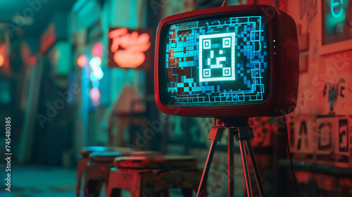 a vintage TV set on a tripod in a dimly lit room displaying a sharp QR code with neon signs reflected on the screen moody atmospheric lighting