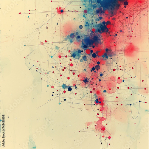 an artistic rendering of a conceptual network nodes and connections illustrated with fine lines and watercolor washes in red and blue tones abstract and thought provoking