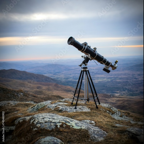 Telescope on mountain over sunset astronomy universe science concept