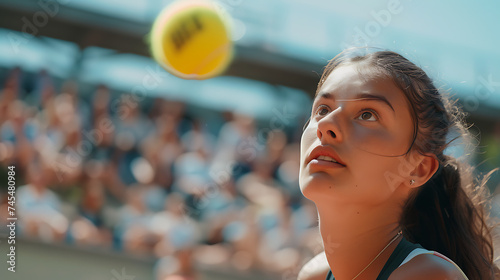 Tenista feminina em foco Servindo a bola com intensidade e foco com a quadra e a plateia em segundo plano photo