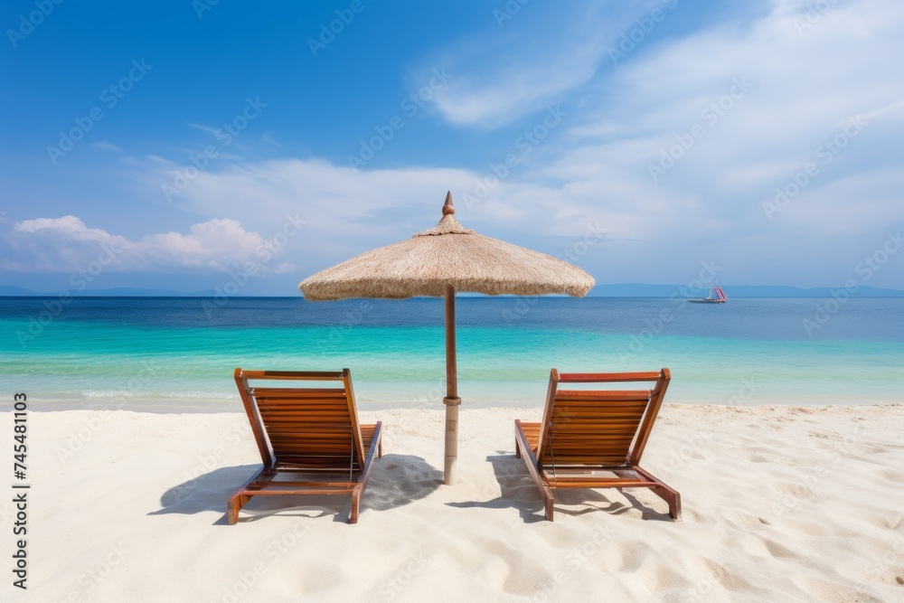 Two wooden beach chairs and an umbrella on a white sandy beach overlooking the turquoise ocean under a clear blue sky with fluffy white clouds in a tropical paradise
