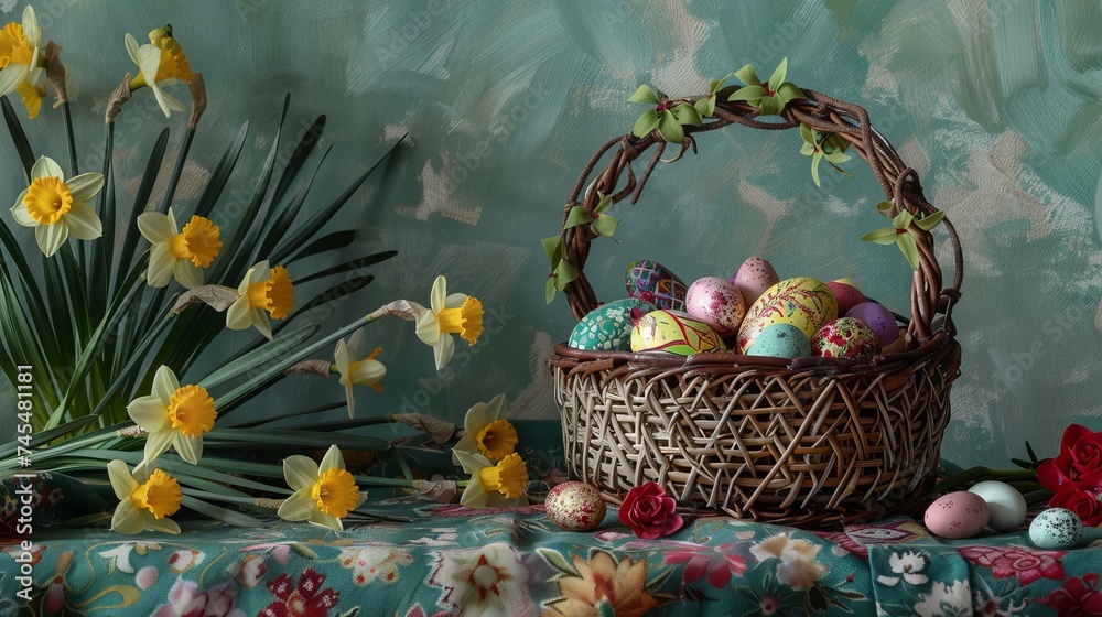 a basket made of woven vines full of colorful Easter eggs