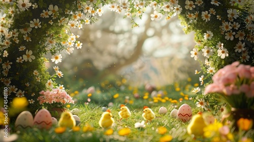 Beautiful rural archway decorated with spring flowers, with colorful Easter eggs and yellow chickens in green grass