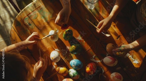 looking down at the hands of children painting easter eggs