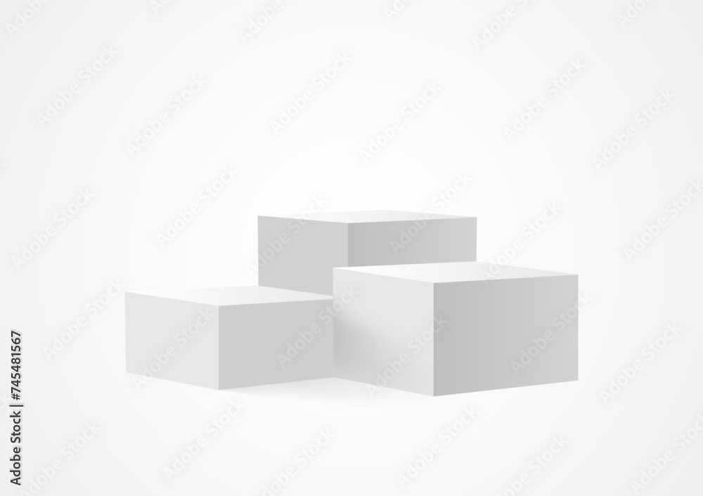 Three blank square podiums stand to show products on white background, Vector illustration.