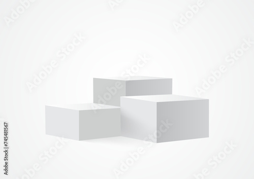 Three blank square podiums stand to show products on white background, Vector illustration.