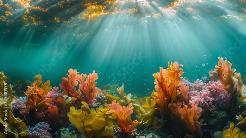 Underwater seascape with sunbeams filtering through water, illuminating vibrant orange and yellow coral reef, perfect for backgrounds and marine biology concepts