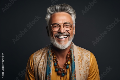 Portrait of a smiling senior man in glasses and a saree.