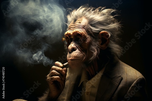 Monkey smoking portrait. Stylish wild jungle animal ape cigar smoker. Generate ai