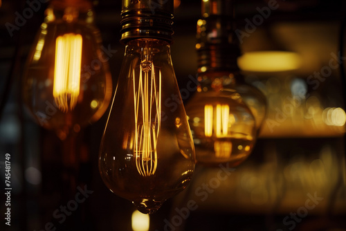 Vintage Edison filament light bulbs glowing warmly, suitable for background with bokeh effect and copy space, evoking a cozy, retro ambiance © fotogurmespb