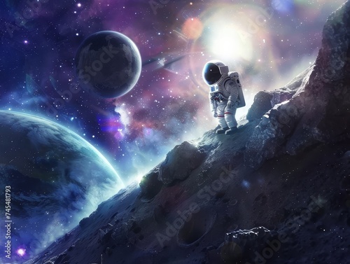 Astronaut panda making a futuristic discovery in the depths of space, cosmos background