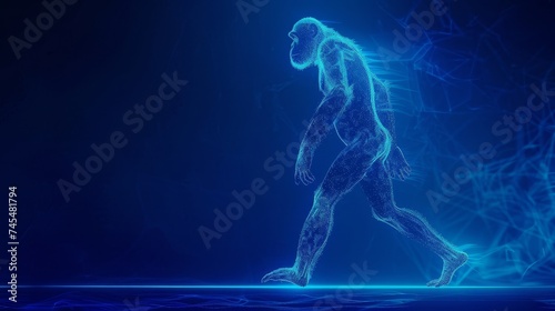 Evolutionary journey from monkey to man, captured in spirit with a blue futuristic glow photo