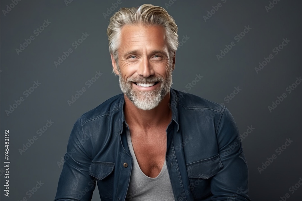 Portrait of a handsome middle-aged man with grey hair and beard. - obrazy, fototapety, plakaty 