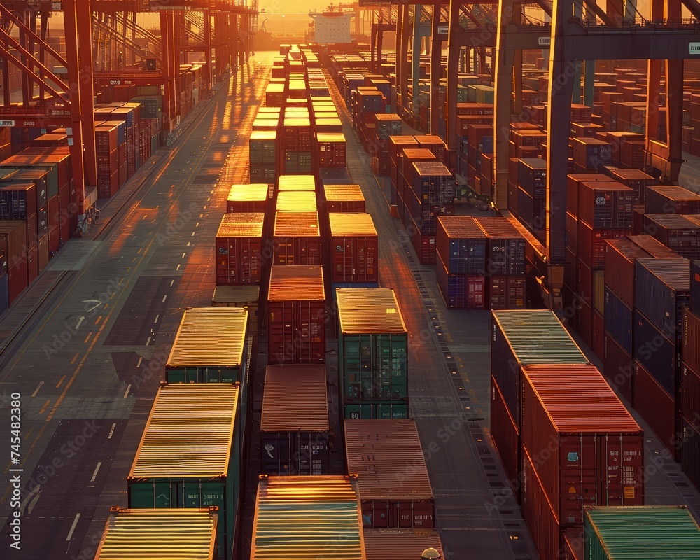 Seaport at dawn, detailed view of containers tagged for global destinations, showcasing logistics efficiency - obrazy, fototapety, plakaty 