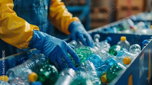 Close-up of gloved hands sorting plastic bottles on a conveyor, a testament to the dedication in recycling efforts