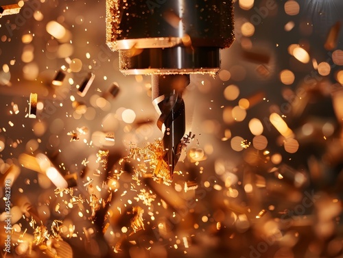 Intense focus on metal shavings spiraling from a drill press, a symbol of industrial craftsmanship and power