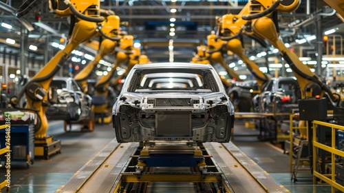 Robotic arm precision at work in an EV manufacturing line, highlighting the digitalization and efficiency of modern car production