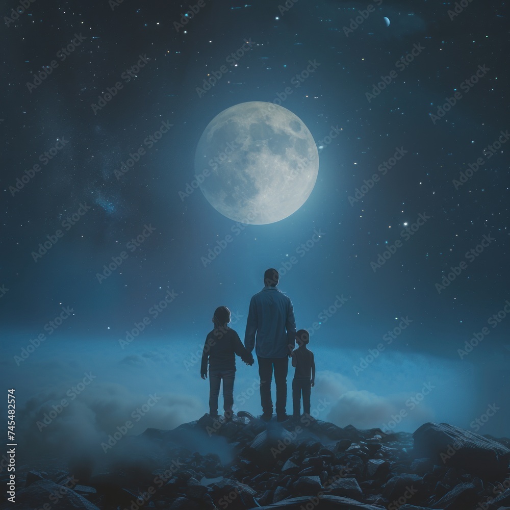 The harmony of family love between father, mother and child holding hands can be seen from behind against the backdrop of the moon, galaxy and outer space. concept for family day. Generative Ai