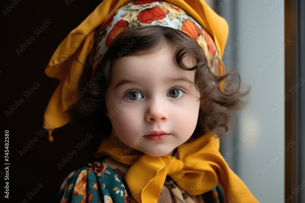 Portrait of a little girl in a headscarf and yellow scarf