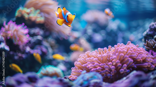 Vibrant clownfish swimming among colorful coral in a serene underwater scene, ideal as a tranquil background or for aquarium-related themes