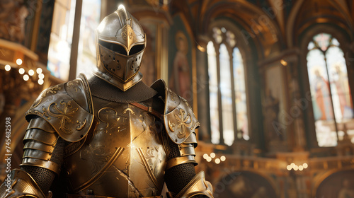 Medieval knight in elaborate armor, standing in ornate church interior, ideal for Renaissance fairs or historical concepts, with space for text on the right