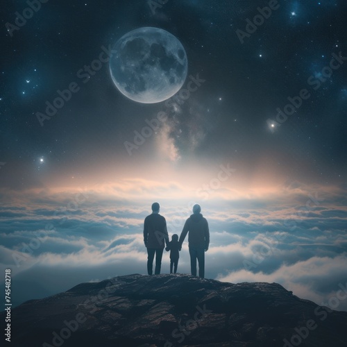 The harmony of family love between father, mother and child holding hands can be seen from behind against the backdrop of the moon, galaxy and outer space. concept for family day. Generative Ai