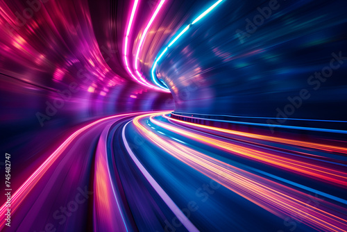 Long exposure light trails in tunnel conveying speed and motion, abstract background with vibrant pink and blue tones, suitable for technology or futuristic concepts, with space for text