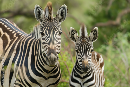 Adult and juvenile zebras standing together in a natural green habitat  showcasing their distinctive black and white striped patterns  perfect for wildlife and conservation themes