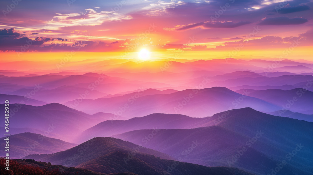 Breathtaking sunrise over layered mountain landscape with vibrant colors, ideal for backgrounds with ample copy space
