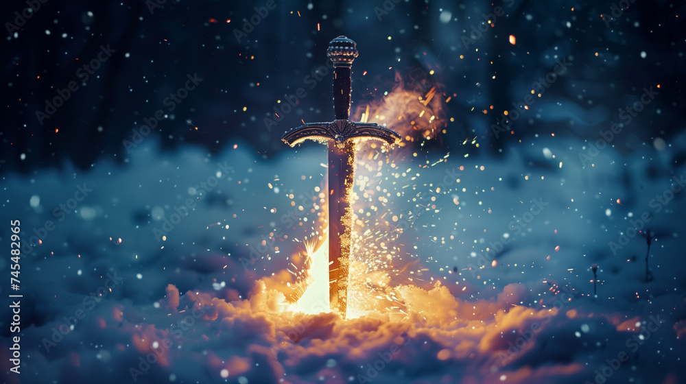 Enchanted sword embedded in snow with sparkling magical fire, concept for fantasy or epic tales, suitable for backgrounds with space for text on the dark, mystic backdrop