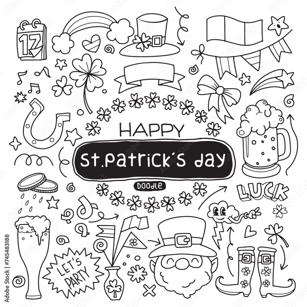 Hand Drawn of St. Patrick's day doodle set. Cooking elements. Beer mugs