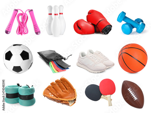 Different balls and other sports equipment isolated on white  set