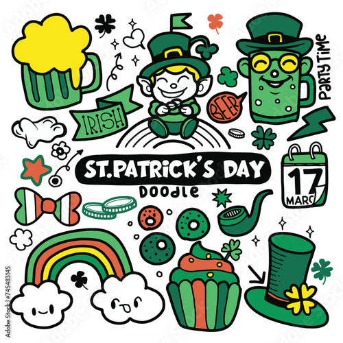 Hand Drawn of St. Patrick's Day doodle style colorful hand-drawn icon set with simple engraving effect, editable stroke width. Cute Irish holiday symbols and elements collection.