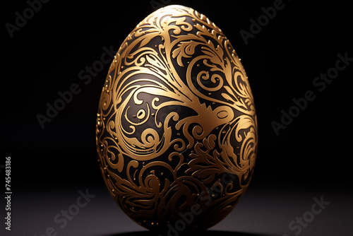Falling luxury golden 3d easter egg with pattern on black background. 3d rendering Happy Easter Luxury background with golden and black eggs