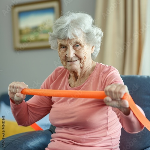 Senior woman exercising at home with a resistance band, staying active and healthy with a smile