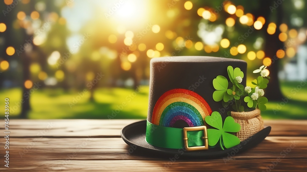 Fototapeta premium hat St. Patrick's Day with clover on park background -copy text