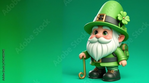 3d cute gnome St. Patrick's Day on green background 