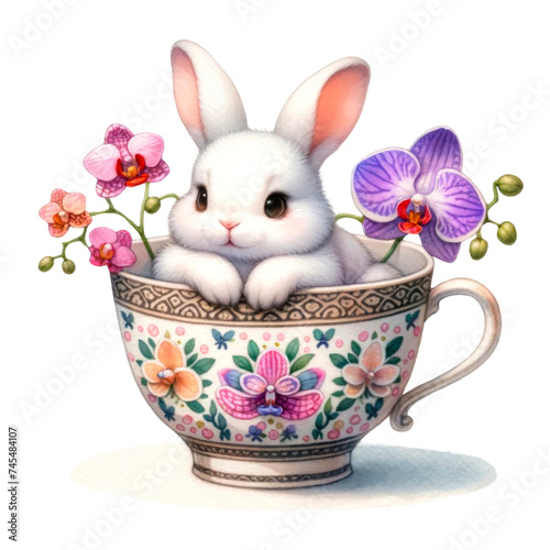 Cute Bunny in a Decorative Teacup with Flowers, Adorable white rabbit nestled in an ornate teacup surrounded by colorful orchid flowers, perfect for spring-themed decor.  © sarintorn