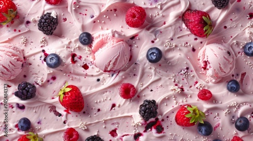 Ice cream with fruits and berries. Ice cream background