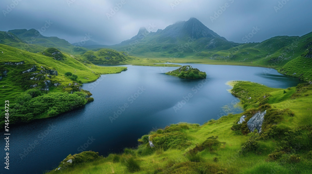 Mountain Lake Landscape with Reflection, Sky, and Greenery during Summer