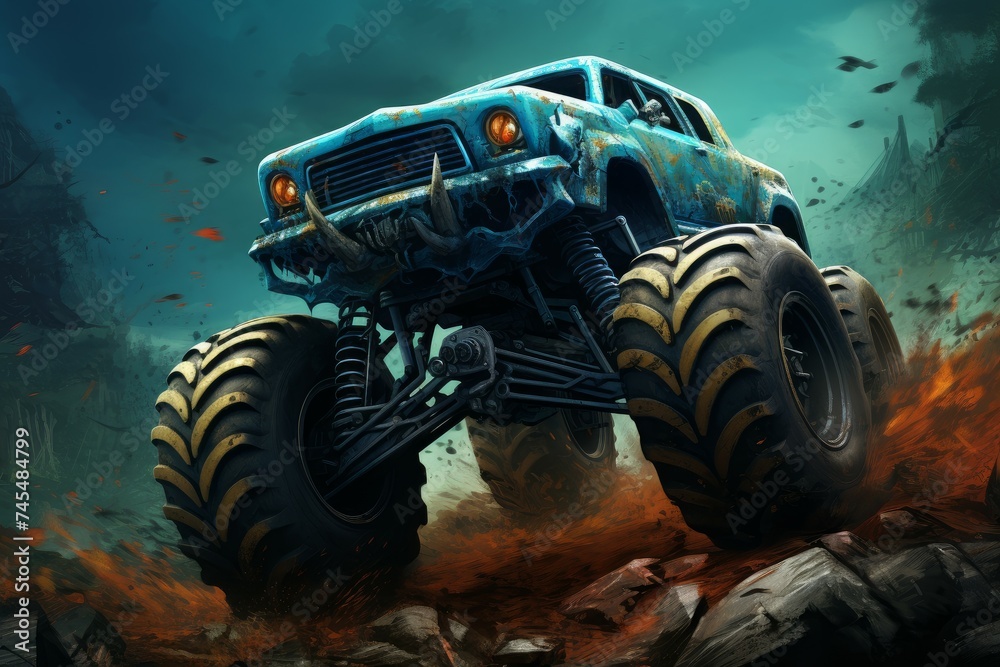 Powerful Monster truck giant. Extreme speed motor event race. Generate Ai - obrazy, fototapety, plakaty 