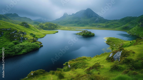 Mountain Lake Landscape with Reflection, Sky, and Greenery during Summer