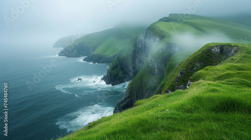 Seascape with a Cliff: A breathtaking view of the ocean from a coastal cliff, featuring sandy shores, rocky formations, and lush green landscapes under a clear summer sky