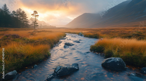 Mountains Embrace the Sun and River in a Serene Landscape, Painting a Picture of Nature's Beauty with Reflections of Sunrise and Sunset Over Water