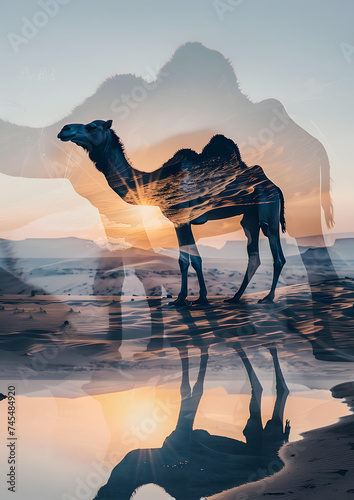 "Sands of Time: Double Exposure Camel in Desert-camel"
