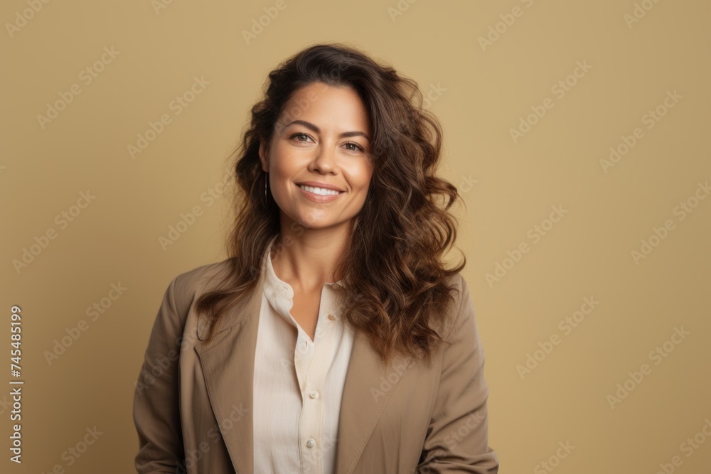 Portrait of happy smiling businesswoman looking at camera, over yellow background Portrait of happy smiling businesswoman looking at camera, over yellow background