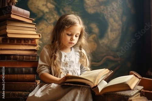 illustration of A little girl reads, Generative ai