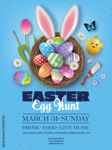 easter egg hunt poster with colorful eggs in a nest and rabbit ears